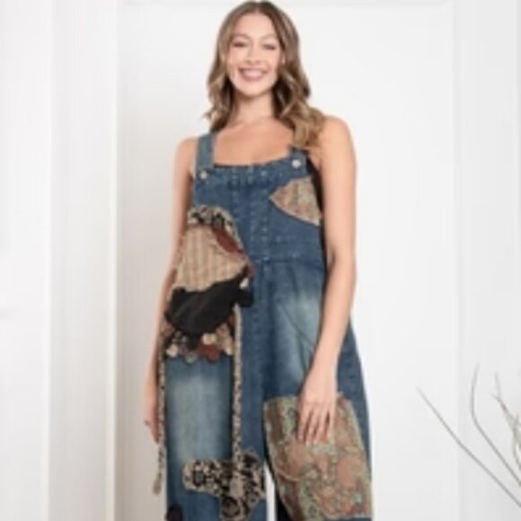 BlueVelvet Denim Capri Overalls with Mixed Patches in Denim XL🆕⌚📦🏃💨🚚 - Picture 12 of 16